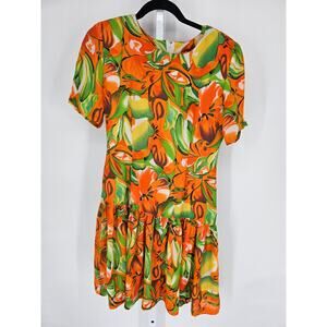 Butique Women's Orange Floral Short Sleeve Round Neck Drop Waist Dress Size L